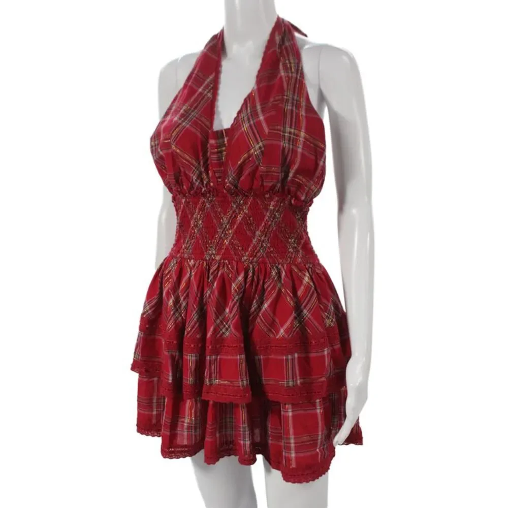 Love Shack Fancy Women Fit & Flare Plaid Halter Sleeveless Dress Red Size L